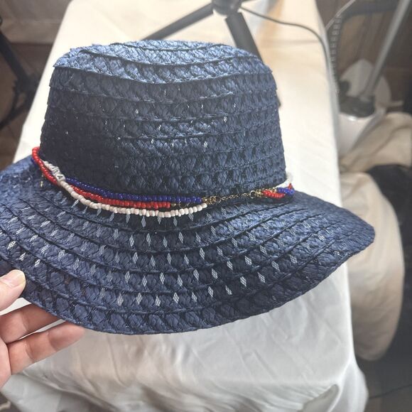 SHEIN Navy Blue Straw Hat Red White And Blue Bead Accents USA NWOT - Picture 4 of 12